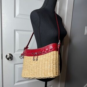 Brighton Straw Shoulder Bag Red Croc Embossed Leather Trim Heart Charm